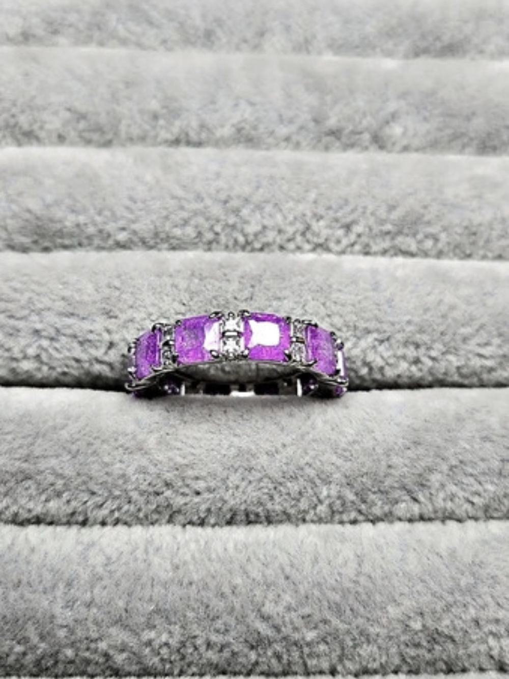 Size 8 Amethyst Ice Crystal Eternity Ring Hematite Plated Bomb Party